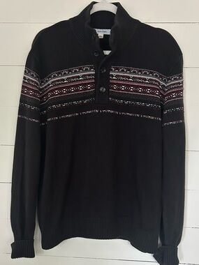 Calvin Klein Men's Black Zip-Up Fair Isle Knit Sweater with Red & White Accents